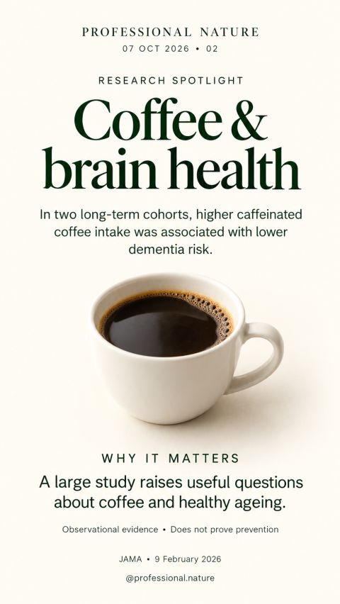 Coffee and brain health research featuring a white cup of black coffee and findings about dementia risk