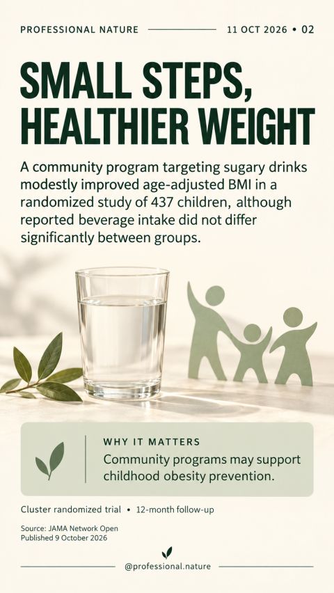 Childhood obesity prevention research featuring a glass of water and a family illustration promoting healthier beverage choices