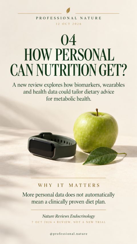 Personalized nutrition research illustrated by a wearable health tracker and a fresh green apple