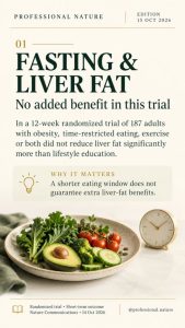 Fasting and liver fat research illustrated by a healthy vegetable meal and a clock representing time-restricted eating