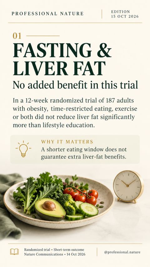 Fasting and liver fat research illustrated by a healthy vegetable meal and a clock representing time-restricted eating