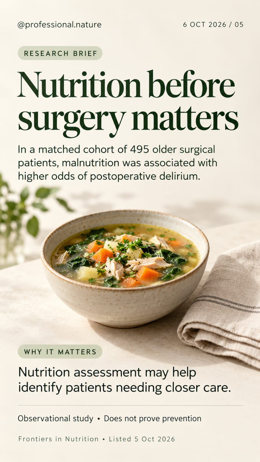 Nutrition before surgery illustrated with a nutritious meal for an older surgical patient